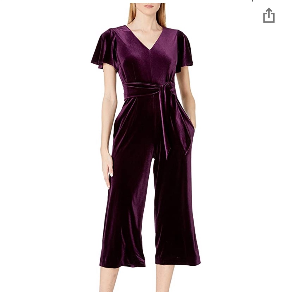 Plum Flutter Sleeve V-neck Velvet Jumpsuit